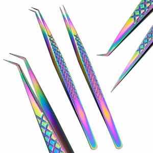 Ensemble de 3 pinces à cils arc-en-ciel, pointe incurvée de précision, acier inoxydable, isolation des cils, application de volume, outils de beauté - Product Image 1