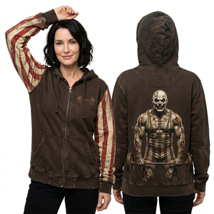 Sweat à capuche zippé marron personnalisé pour femme, motif Zombie Clown Strongman, manches rayées effet usé, délavé à l'acide, style streetwear cirque - Product Image 1