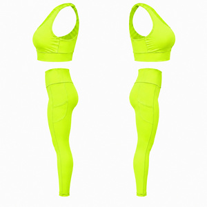 Women's Neon Green Simple <b>Racerback</b> Sports <b>Bra</b> & High Waist Leggings Set with Front Logo Seamless Quick Dry Yoga Activewear - Product Image 5