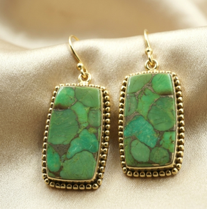 Pendientes Colgantes de Turquesa Verde Cobre, Plata 925, Chapados en Oro Rosa y Oro Amarillo, Joyería Rectangular Boho Hecha a Mano para Mujer - Product Image 4