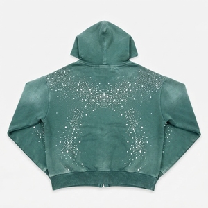 Sweat à capuche brodé personnalisé pour homme, 100 % coton respirant, style décontracté vintage délavé avec fermeture éclair ornée de strass - Product Image 2