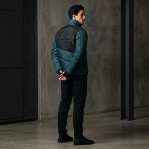 Veste matelassée pour homme, color block, col montant, empiècements diagonaux, chaude, zippée, hiver, OEM ODM, vente en gros - Product Image 3