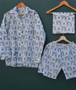 Women's 2-Piece Cotton Pajama <b>Set</b> With Palm Print Long Sleeve Top And Drawstring Pants Summer Casual Sleepwear - Product Image 2