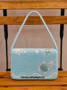 Bolso de Hombro Artesanal de Lujo con Cuentas, Temática Oceánica, con Tortuga Marina y Estrella de Mar |   Bolso de Mano de Moda para Mujer, Resistente y Seguro, Personalizado - Product Image 2