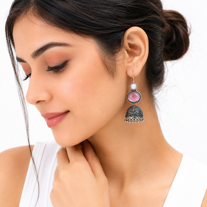 Pendientes de Campana Tribales Oxidados con Piedra Ovalada Rosa Monalisa |   Joyería india vintage hecha a mano |   Pendientes de estilo bohemio para festivales - Product Image 5