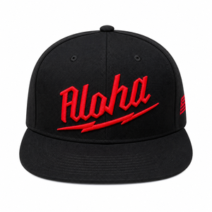 Aloha Embroidered Snapback <b>Cap</b> <b>Black</b> Red Lettering 6-Panel Unisex Street Style Hat - Product Image 2