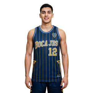 Camiseta de Baloncesto Azul Marino Personalizada con Rayas Amarillas, Uniforme Deportivo sin Mangas para Equipo - Product Image 1