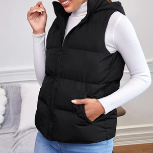 Gilet matelassé noir à capuche sans manches pour femme, avec fermeture éclair, vêtement d'extérieur d'hiver, couleur unie - Product Image 2