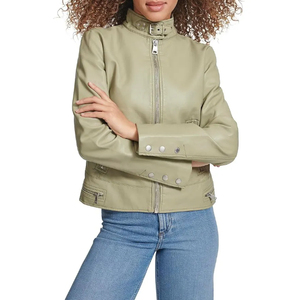 Chaqueta de Motociclista de Cuero Sintético PU Verde Oliva para Mujer, Nueva Colección 2026, Cuello Alto, Manga Larga, Cierre de Cremallera, Color Sólido, Estilo Biker, para Otoño - Product Image 4