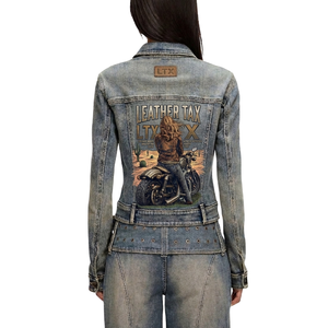 Chaqueta Vaquera Ajustada para Mujer Leathertex Azul Vintage - Estilo Elegante con Detalle de Cinturón, Lavado Desgastado, Secado Rápido, 100% Algodón - Product Image 2