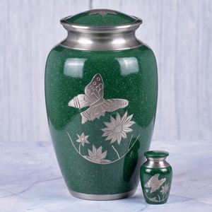 Urna Funeraria de Latón Pulido Azul para Adultos con Diseño de Mariposa y Flor para Cenizas Humanas, Urna Conmemorativa para Entierro - Product Image 2