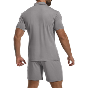 Men's Grey Quarter-Zip Polo Shirt and Shorts <b>Set</b> Casual Summer Wear Quick Dry <b>Knitted</b> Fabric Solid Color Sportswear - Product Image 6