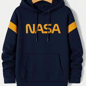 Sudadera con capucha estampada de la NASA para hombre, corte regular, informal, para otoño, con diseño de bolsillo, azul marino, rayas amarillas - Product Image 1