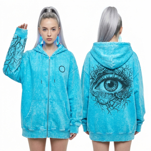 Sudadera con capucha vintage para mujer, con cremallera, estampado de mapa topográfico en la manga, diseño de aventura al aire libre y bajo desgastado. - Product Image 2