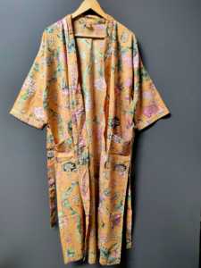 Rust Orange Floral Printed Cotton Kimono Robe – Boho Style Long <b>Open</b> Front Cover <b>Up</b> with Waist Tie - Product Image 2