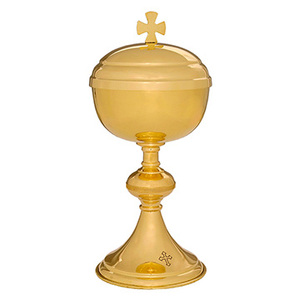 Ciborio de Latón Liso Chapado en Oro con Tapa con Cruz |   Recipiente para la Comunión – DOUBLE VEE EXPORTS - Product Image 1