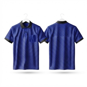 เสื้อโปโลผู้ชายสีน้ำเงินลายจุดแบบสั่งทำพิเศษ มีกระเป๋า ขอบสีดำเรียบหรู แขนสั้น ผ้าฝ้ายลำลอง เสื้อกอล์ฟ เสื้อฤดูร้อน - Product Image 1