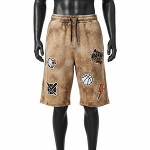 Shorts de hombre de algodón felpa de 280 GSM con lavado ácido, color marrón vintage, con parche de logotipo bordado personalizado, estilo streetwear. - Product Image 1