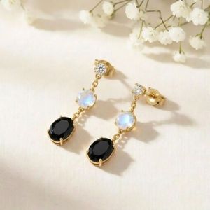<b>Rainbow</b> Moonstone and Black Obsidian Dangle <b>Drop</b> Earrings with CZ Accent Elegant Round Gemstone Earrings in 925 Sterling Silver - Product Image 3