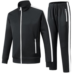 COMFORTABLE CASUAL BREATHABLE MEN'S 2-PIECE <b>TRACKSUIT</b> | BLACK with <b>WHITE</b> STRIPE ACCENTS and ZIP POCKETS - Product Image 1