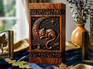 Hand-Carved Walnut <b>Cat</b> <b>Urn</b>-American Style Celestial Moon Stars Design Durable Eco-Friendly Cremation <b>Urn</b> 220 Cubic Inch Capacity - Product Image 3