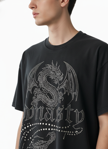 เสื้อยืดกราฟิกแบบกำหนดเอง ประดับเพชร ทรงบ็อกซี่ ตัดเย็บแบบดิสเทรส สำหรับผู้ชาย แฟชั่นวินเทจ เสื้อยืดโอเวอร์ไซส์เนื้อหนา - Product Image 5