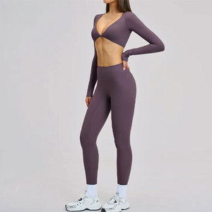 Seamless Yoga Set Scoop Neck <b>Crop</b> <b>Top</b> High Waist Leggings 3 Piece Solid Color Full Length Spandex/Nylon Breathable Workout Wear - Product Image 3