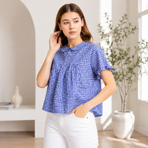 Blusa de popelina de algodón a cuadros azul para mujer, con cuello Peter Pan, manga con volantes, logo frontal, corte holgado, top de primavera/verano - Product Image 2