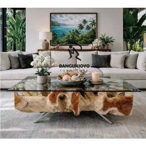 Mesa de Centro Moderna Minimalista con Combinación de Madera de Suar, con Tapa de Vidrio y Marco de Madera, Mueble Duradero y Ecológico para Sala de Estar - Product Image 2