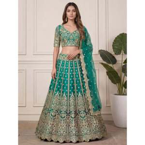 Ethnic Scarves & <b>Shawls</b> Beautiful Green Embroidered Soft Net Lehenga Choli - Product Image 1