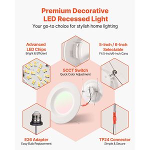 Paquete de 12 Focos LED Empotrables de 5/6 Pulgadas, 1050 LM, 13W, 120V, Temperatura de Color Seleccionable 5CCT 2700K/3000K/3500K/4000K/5000K - Product Image 6