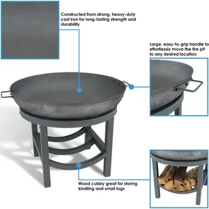 Freestanding Cast Iron Fire Pit with <b>Log</b> Storage for Outdoor <b>Heating</b> Rustic Style Powder Coated Wood Burning - Product Image 4