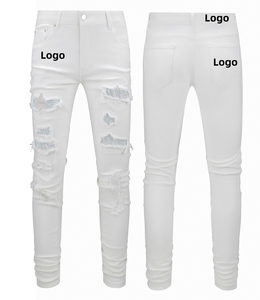 Jean en denim pour homme, style streetwear, blanc pur, avec patch incrusté de diamants et estampage à chaud, coupe ajustée et élastique – Nouvelle collection très prisée - Product Image 5