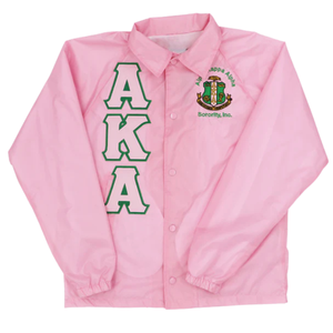 AKA Pink Button Front <b>Jacket</b> with Green Embroidered Letters and Crest <b>Lightweight</b> Sorority Casual Outerwear for <b>Women</b> - Product Image 1