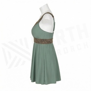 Women's Green Swimdress With Checkered Contrast Binding <b>Crossed</b> Halter Neckline And Skirt Bottom - Product Image 3