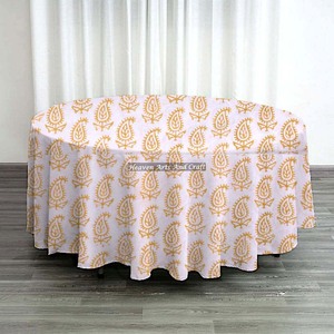 Best Price Wedding Decoration <b>Table</b> Cloth Hand Block Printed Well Absorbing 100% Cotton 20 Sheeting Round Tablecloth 220 Cms - Product Image 6