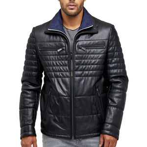 <b>Men's</b> Black PU Leather Moto <b>Jacket</b> Stand Collar Zipper Closure Windproof <b>Winter</b> Slim Fit Regular Length Solid Color - Product Image 3