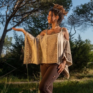 Bohemian Hand Block Printed Poncho <b>Top</b> Open Shoulder Cotton <b>Festival</b> Blouse Flowy Lightweight Summer <b>Top</b> Boho Style for Women - Product Image 4