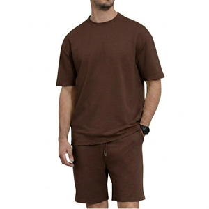 Customized Two Piece Short Set Men's 2 Piece Outfits Short Sleeve Crew Neck Summer <b>T</b> Shirt and Drawstring Casual <b>Track</b> Shorts - Product Image 4