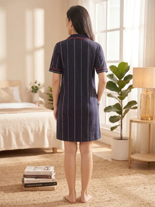 Robe décontractée pour femme en rayonne à rayures imprimées, col chemise, couleur bleue, manches mi-longues, style occidental, pour le quotidien - Product Image 3