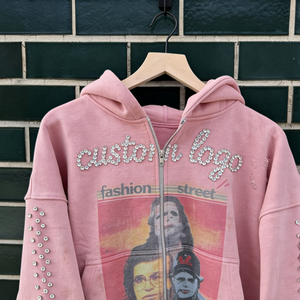 Sudadera con capucha vintage lavada para mujer, con cremallera, personalizada con estampado gráfico de diamantes de imitación, con bolsillos, estilo urbano retro - Product Image 3