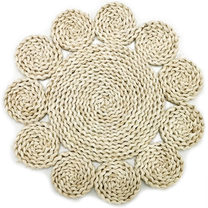 Rattan <b>Placemat</b> Set Natural Color <b>White</b> Border 1 Large 4 Small Coasters Bohemian Style Water Resistant Non-Slip Unisex Home Use - Product Image 5