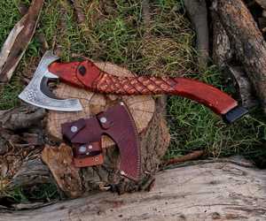 Wholesale Handmade Custom Premium High Carbon Steel Viking <b>Axe</b> with Hand Carved <b>Wooden</b> Handle Leather Grip Fine Leather Sheath - Product Image 5