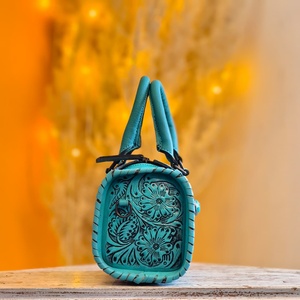 2026 New Arrival Sky Blue Hand Tooled Florals Carved Turquoise Single Stone <b>Studded</b> 100% Genuine Leather Mini Speedy Duffle <b>Bags</b> - Product Image 3