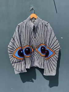 Handcrafted Evil Eye Embroidered Bomber <b>Jacket</b> Artisanal Bohemian Striped Canvas <b>Jacket</b> Handcrafted Bomber <b>Jacket</b> - Product Image 1