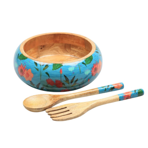 Ensemble de saladiers en bois de manguier tropical flamant rose faits à la main avec des ustensiles de service en bois assortis pour une décoration intérieure de luxe - Product Image 2