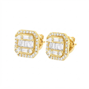 Custom Classic Design 10K Solid Gold Geometric Minimalist Halo Studs Trendy Baguette Moissanite Luxury <b>Earrings</b> Gift Women - Product Image 1