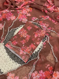 Reglance Elegant Georgette Floral Print Saree Heavy Hand Khatli Cutdana Touch Butti Work All Aarco Running Khatli <b>Blouse</b> - Product Image 2