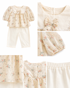 Ensemble haut à fleurs pour bébé fille, manches longues avec détail nœud, pantalon assorti |   Ensemble 2 pièces en coton pour tout-petit - Product Image 3