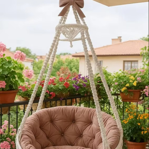 White Macrame Swing Chair with Pink Cushion,Boho Balcony <b>Hammock</b> Chair, Handmade Hanging Chair, Cozy Boho Home Decor - Product Image 1